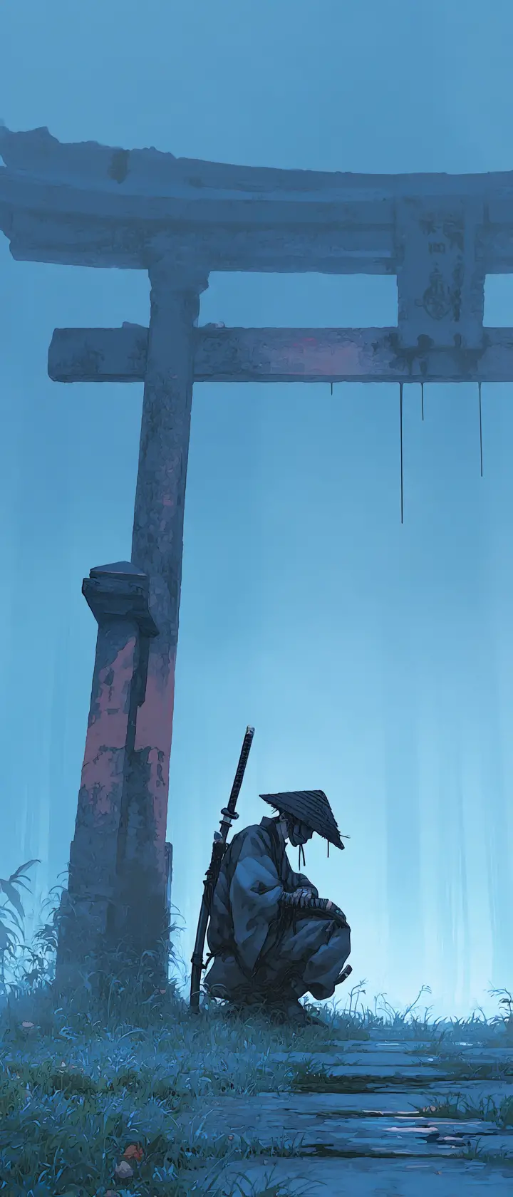 Einsamer Ronin im Morgengrauen unter einem alten Torii-Tor