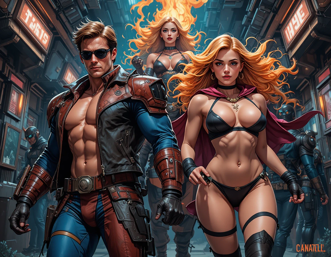 Equipe dinâmica de super-heróis em poses de ação poderosas