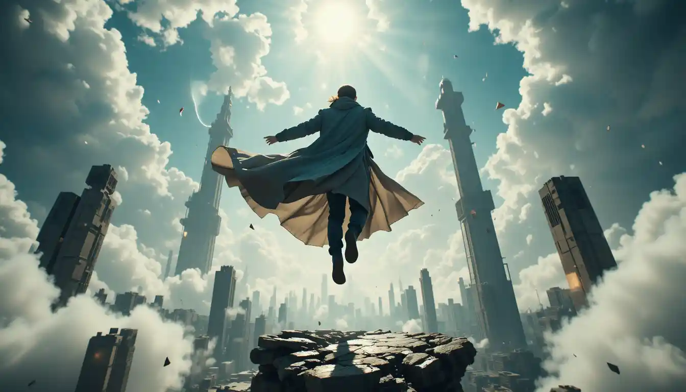 Heroic figure leaping between floating ruins in the sky