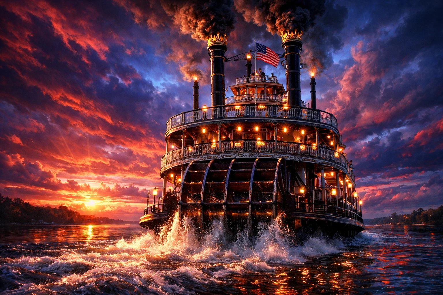 Barco a vapor fantástico navegando em um pôr do sol colorido