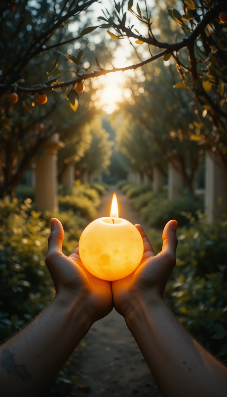 Des mains berçant une chaude lumière éclatante dans une oliveraie