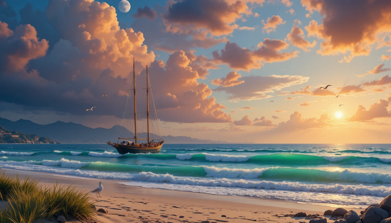 Majestätisches Segelboot an einem ruhigen Strand bei Sonnenuntergang