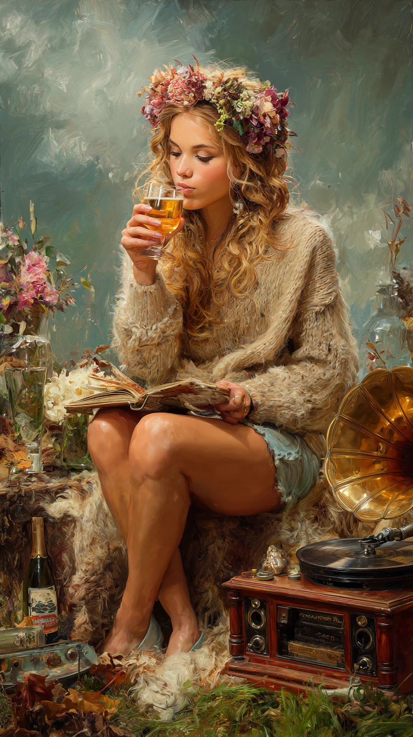 Young woman relaxing in a tree nook with vintage gramophone