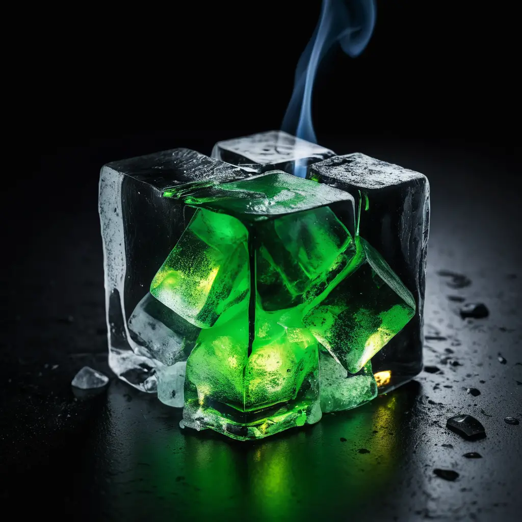 Fluorescent green fire engulfing a melting ice cube