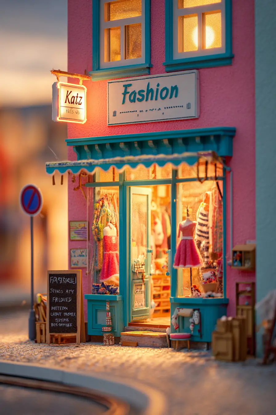 Vitrine de mode chaleureuse avec enseigne au néon Katz Fashion au coucher du soleil
