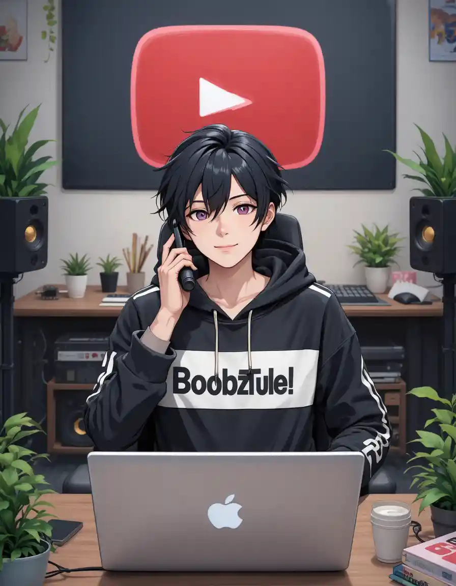 Garoto de anime fazendo stream em uma mesa de computador com microfone