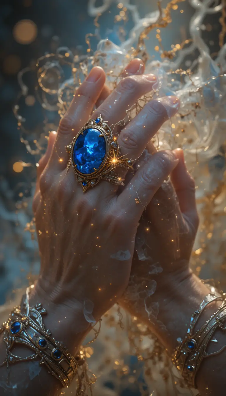 Zwei Halblingshände, verschränkt mit leuchtenden Lapislazuli-Ringen