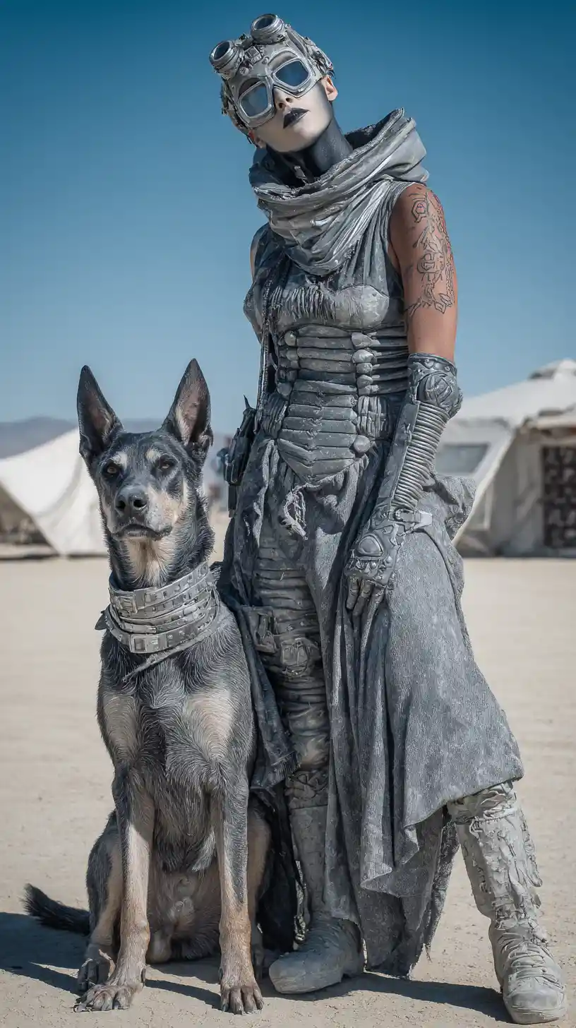 Mulher mascarada e cão cibernético em deserto pós-apocalíptico