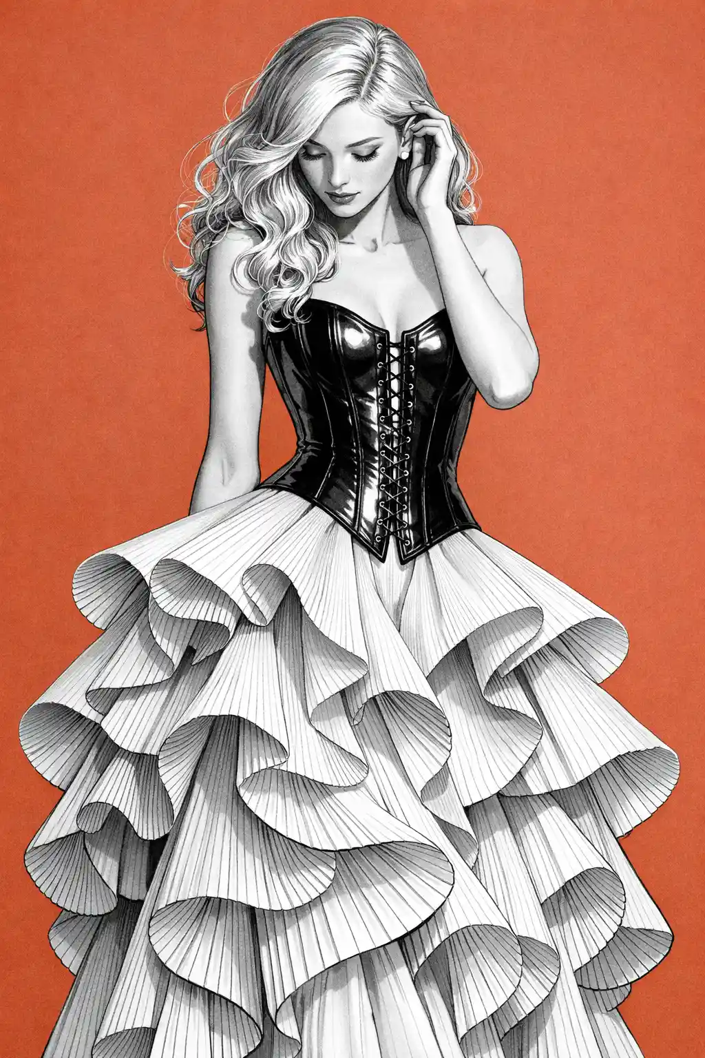Mulher elegante em espartilho escultural e saia plissada