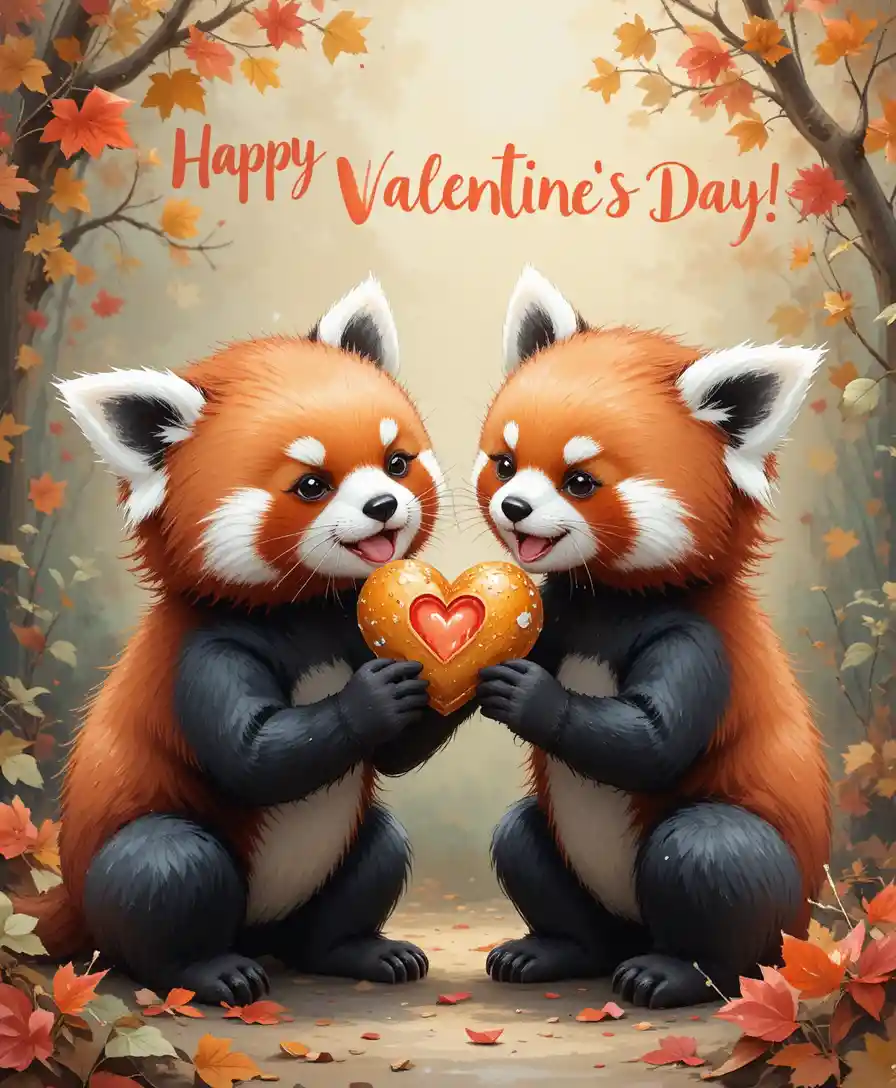 Due panda rossi che condividono insieme un dolce a forma di cuore