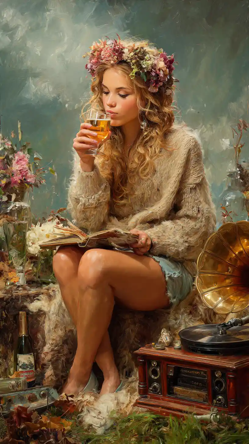 Young woman relaxing in a tree nook with vintage gramophone