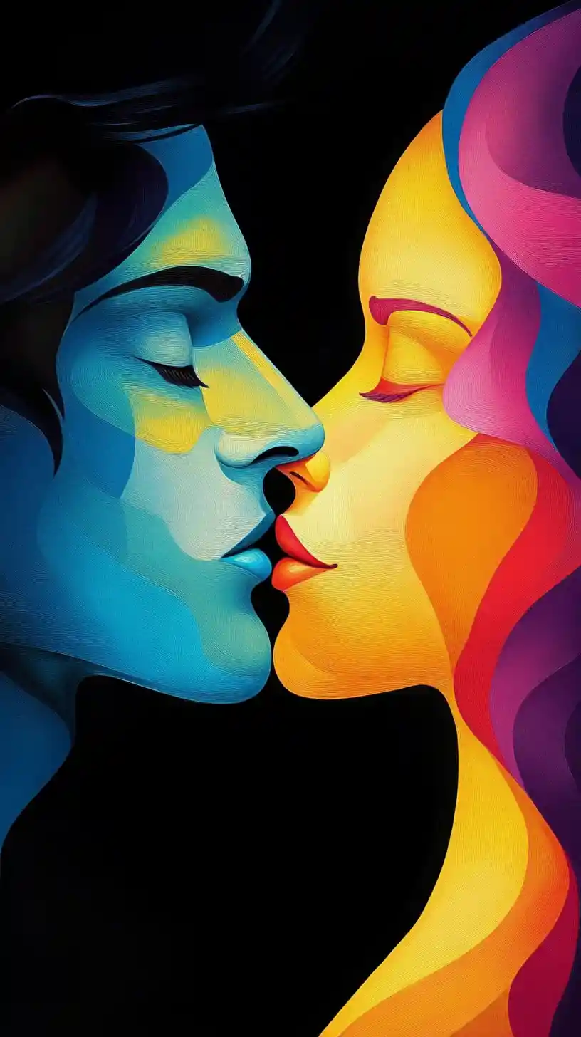 Colorful pop art close up of two lovers kissing