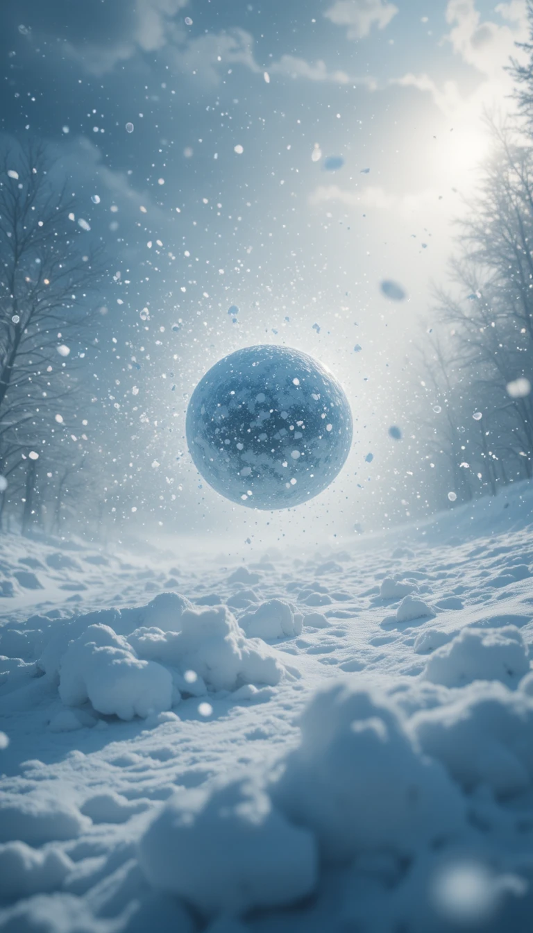 Objeto esférico voando sob neve intensa ao anoitecer