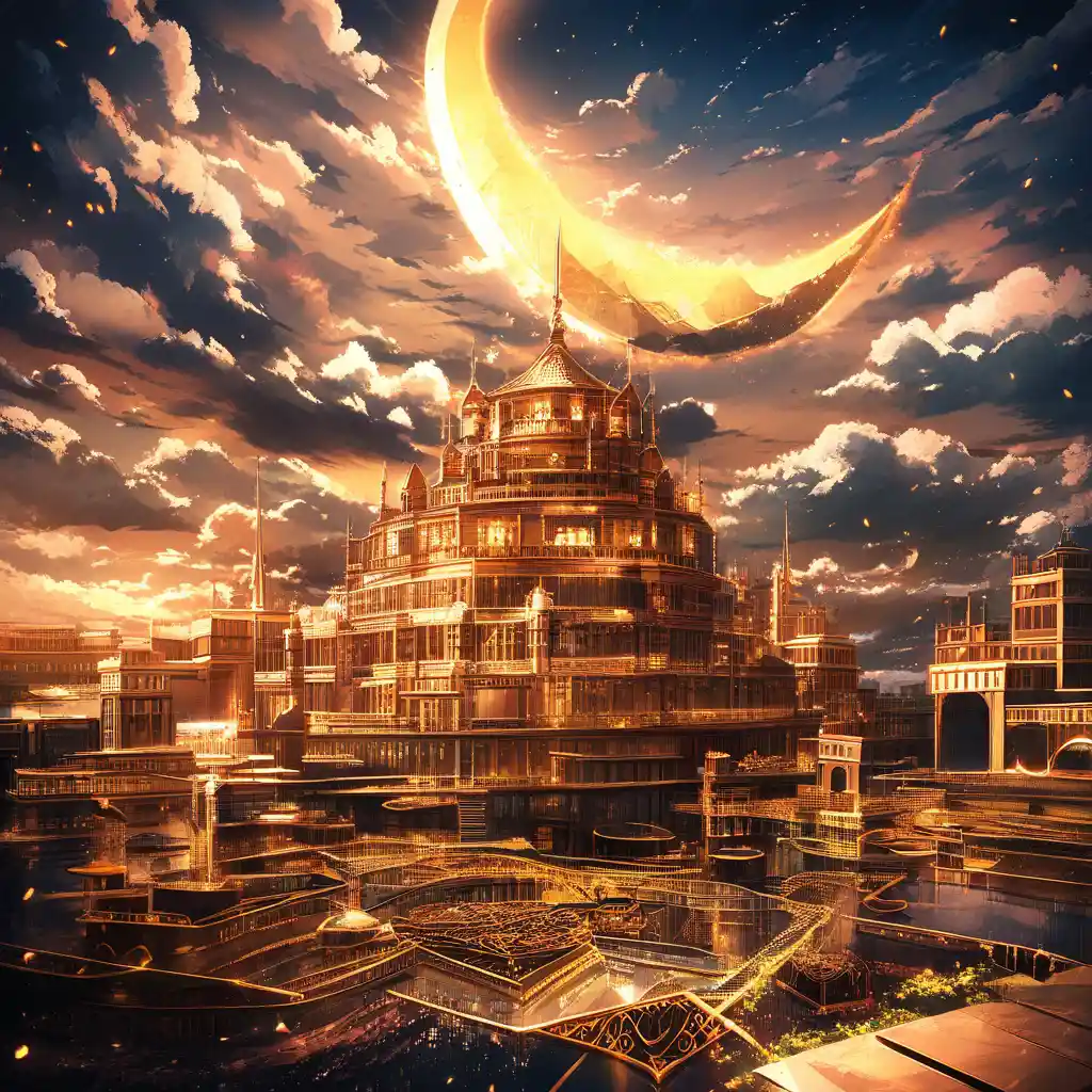 Golden teapot beneath a dreamy floating city in clouds