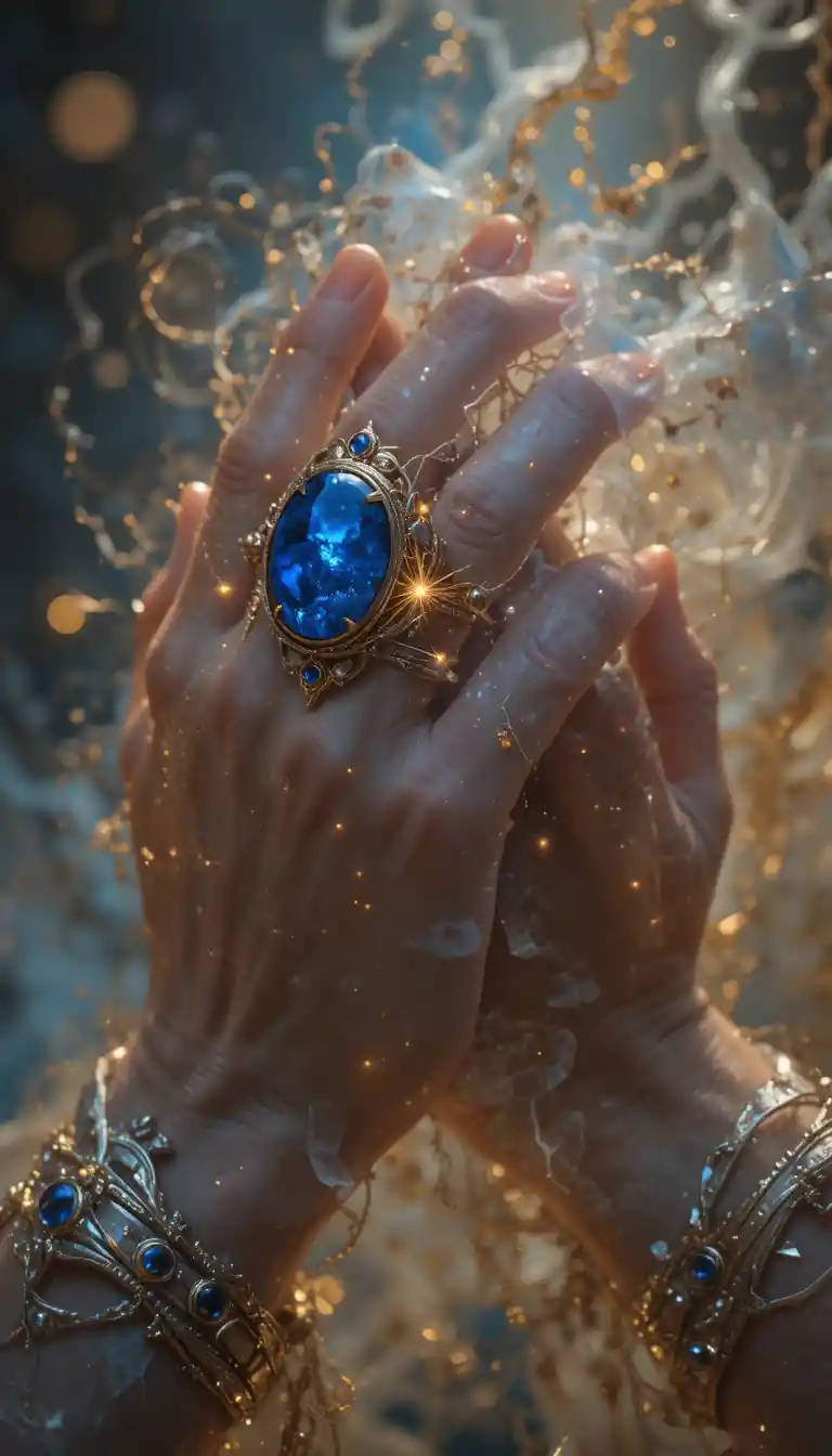 Deux mains de halfelins enlacées portant des anneaux de lapis lumineux