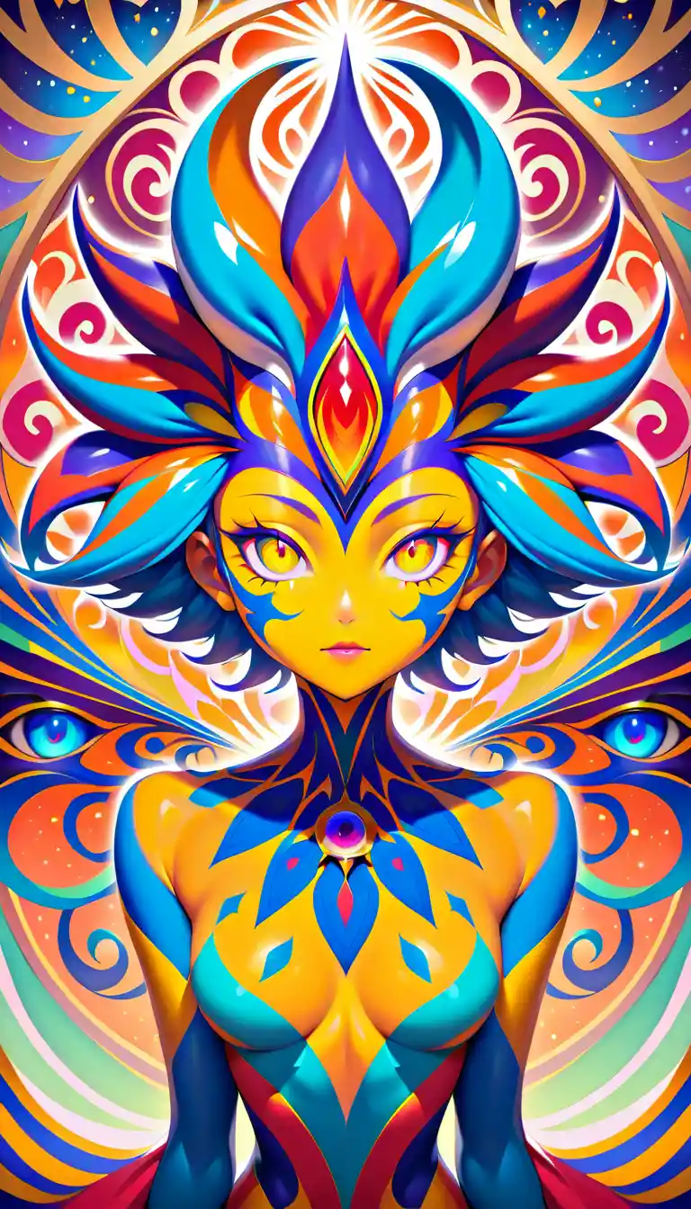 Portrait de bouffon cosmique avec masque kaléidoscope et aura fractale