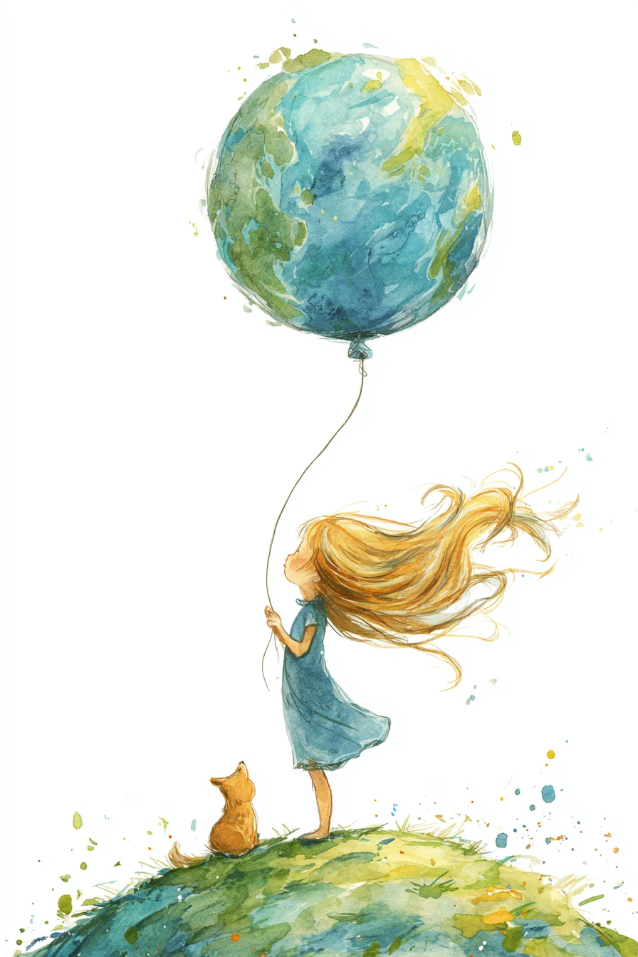 Ragazza con palloncino su una collina ventosa in illustrazione ad acquerello