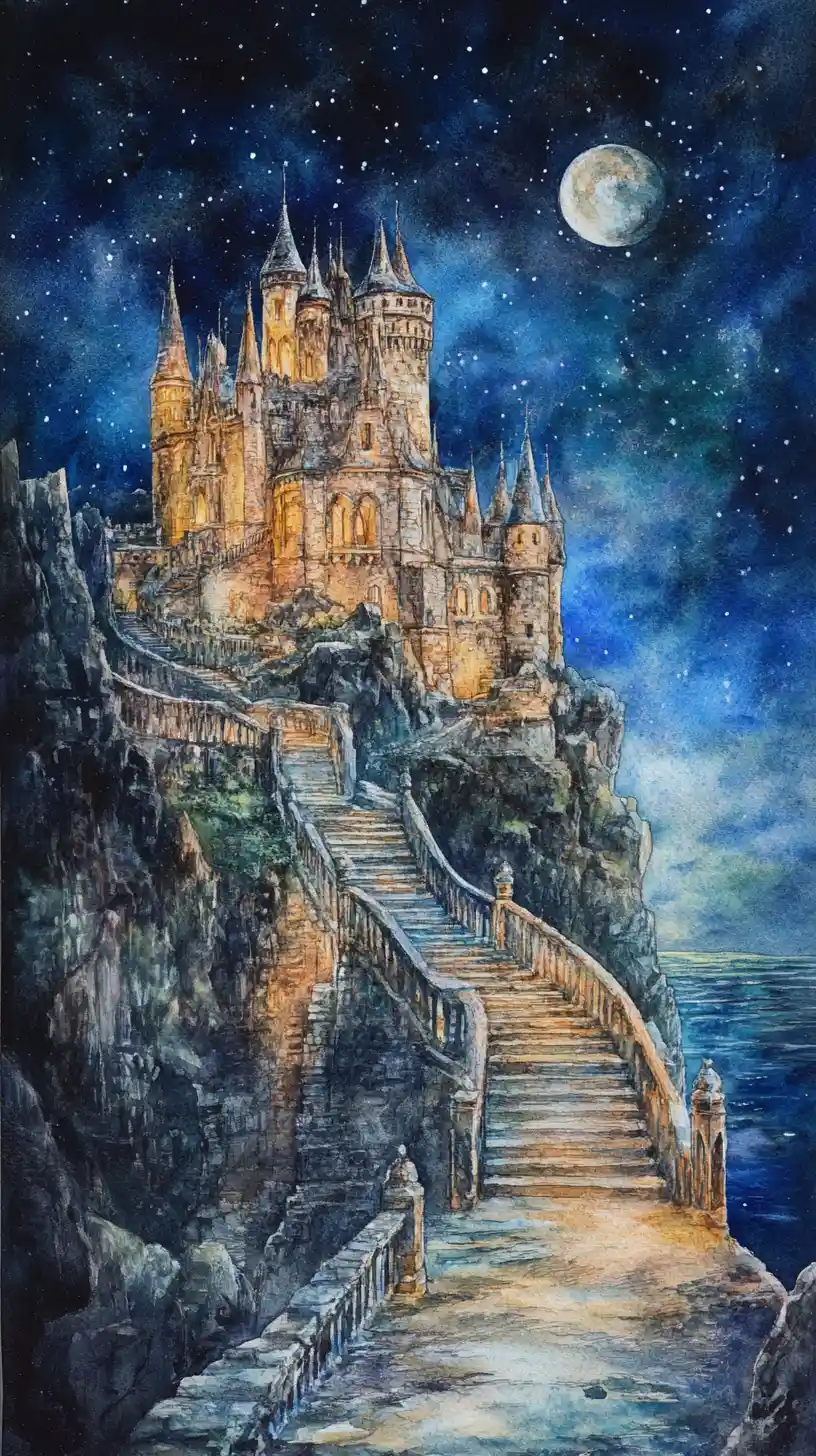 Vista noturna em aquarela de um castelo fantasioso enevoado na encosta