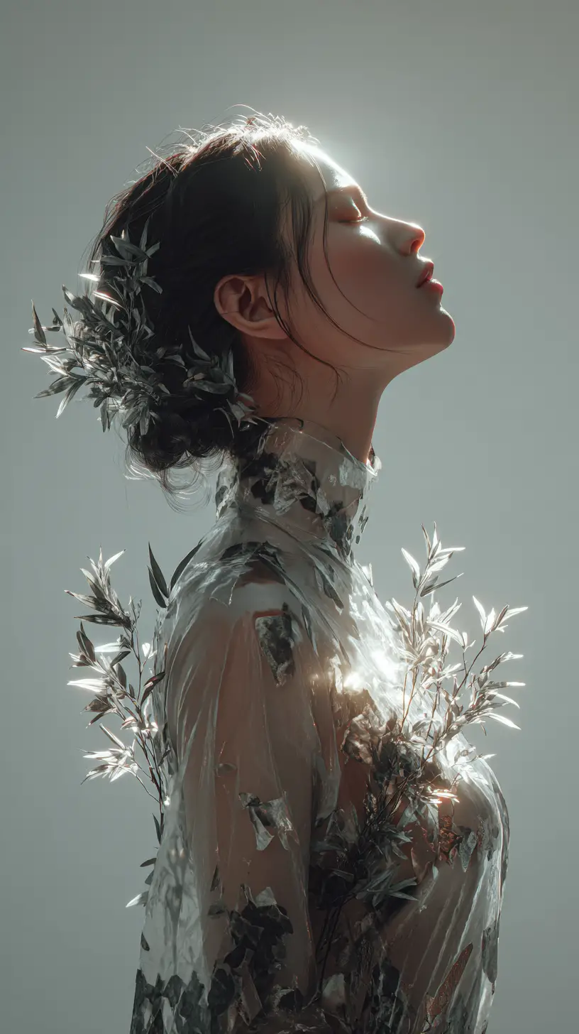 Femme en contemplation sereine, les yeux fermés vers le ciel