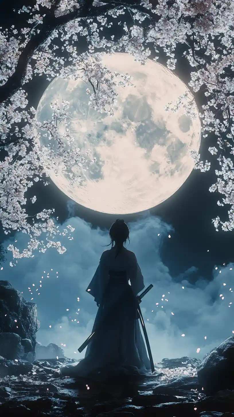 Samurai girl under a cherry tree facing the full moon