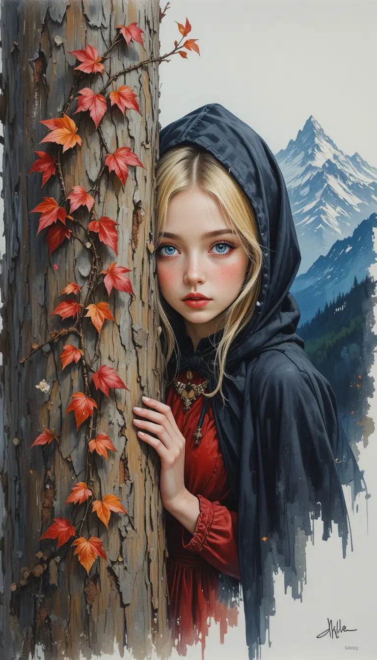 Blonde girl in cloak peeking from tree before snowy mountains