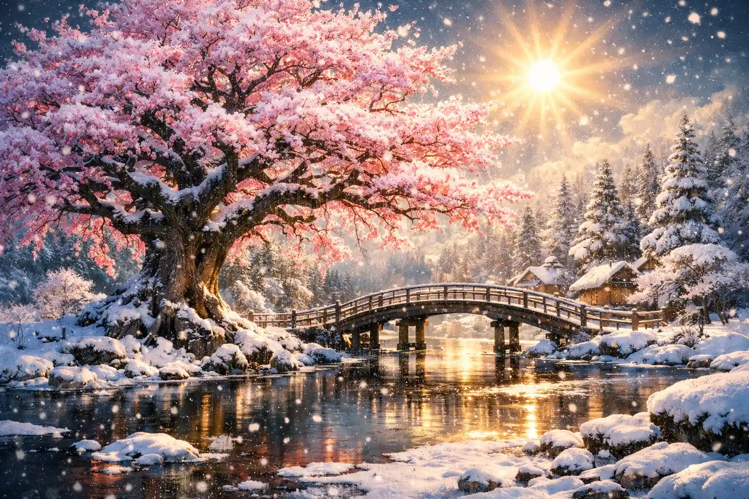 Majestic sakura tree by a frozen lake in rural Japan