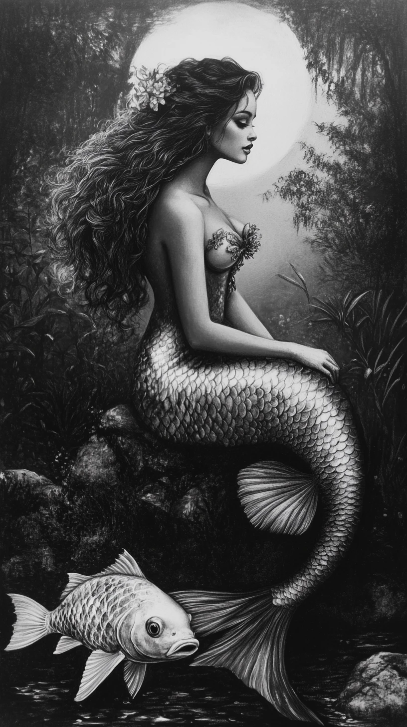 きらめく鱗をもつ人魚の木炭肖像画