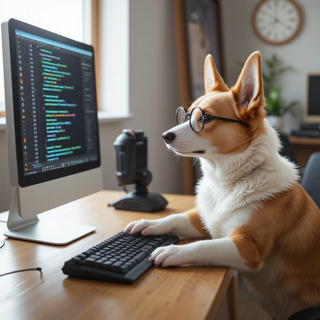 Corgi programador sentado en un escritorio frente a una pantalla con código