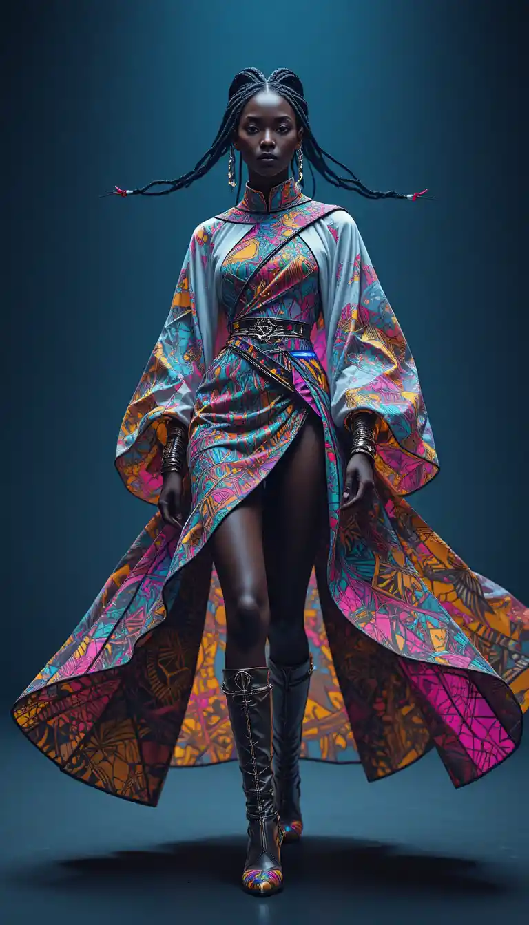 Afrofuturistic woman in glowing high fashion cape