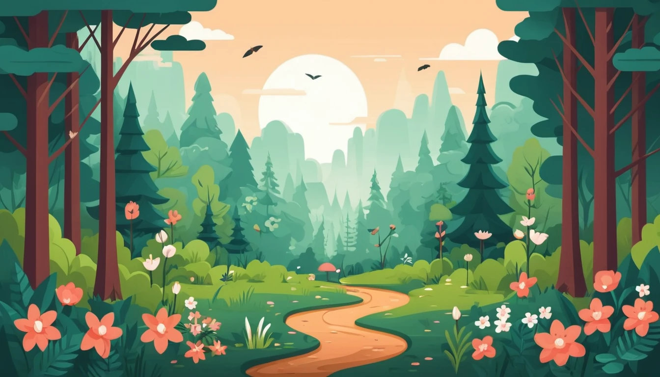 Cena de floresta em flat design com esquilo e flores silvestres