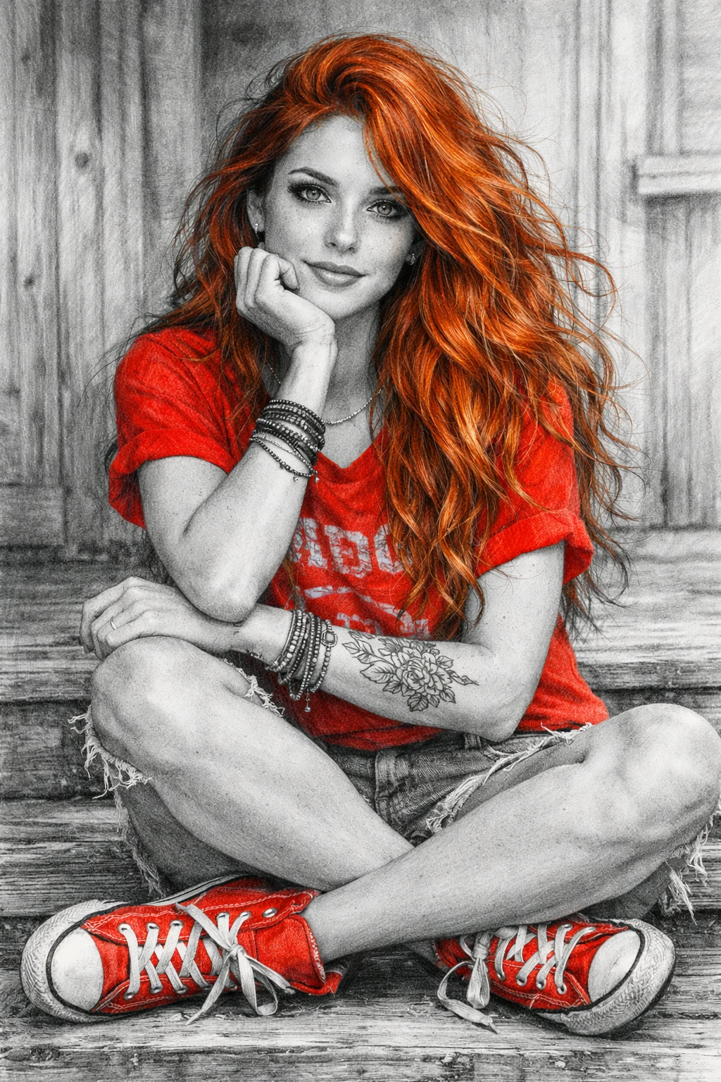 Red haired woman sitting cross legged on wooden steps