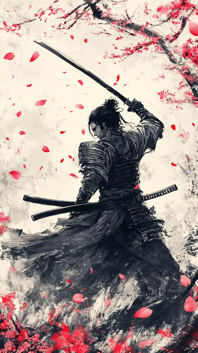 Samurai meditando com katana erguida entre flores de cerejeira