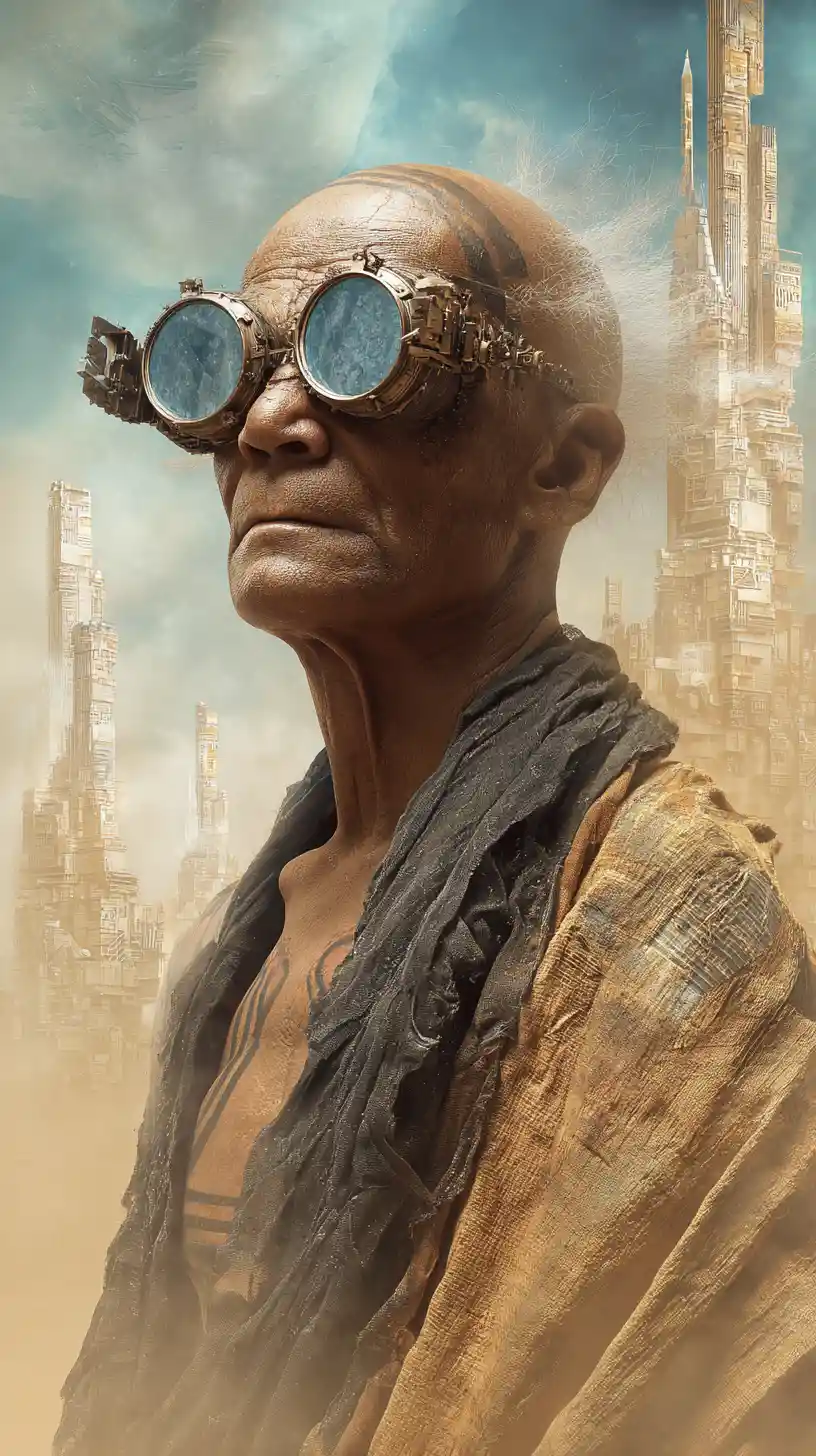 Vieil homme chauve dans une métropole désertique post-apocalyptique