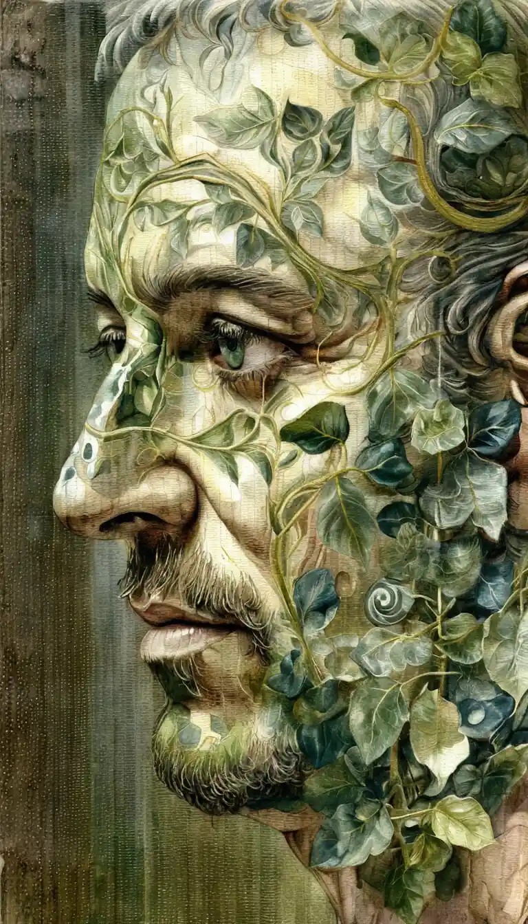 Retrato surreal en primer plano de un anciano fusionado con hiedra