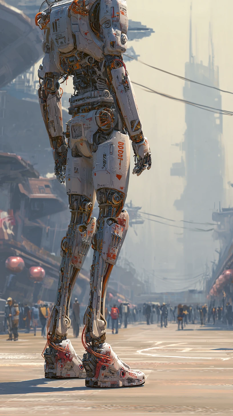 Guerriero cyberpunk con gambe esoscheletriche in una strada futuristica di Mosca
