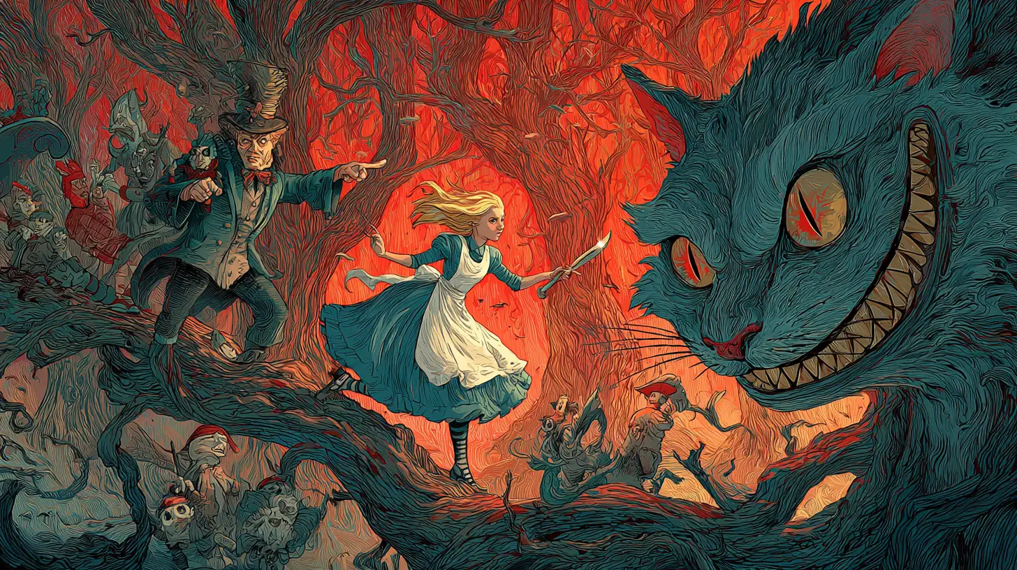 Alice, die allein durch einen dunklen, verdrehten Wald geht