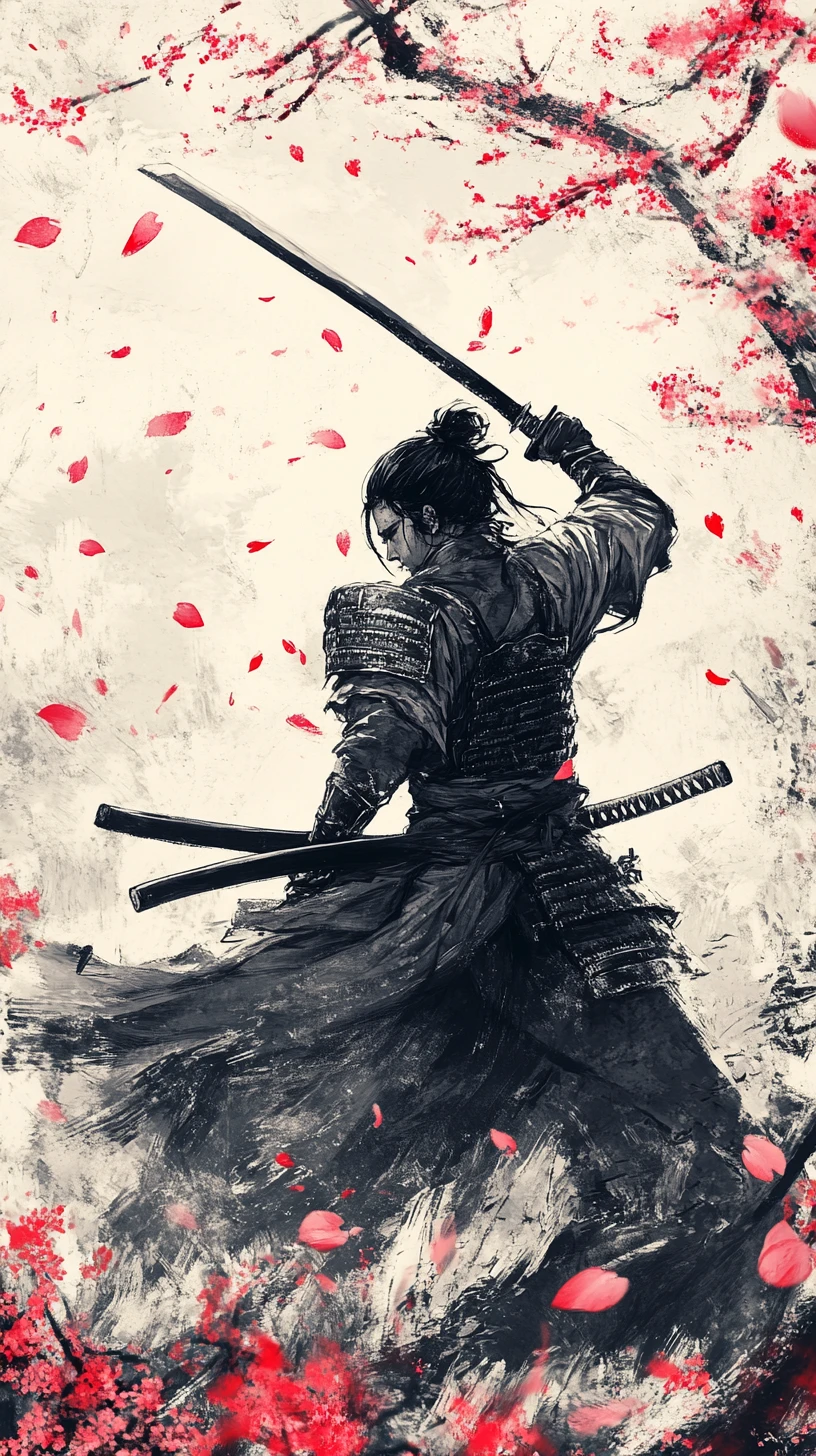 Samurai meditando com katana erguida entre flores de cerejeira