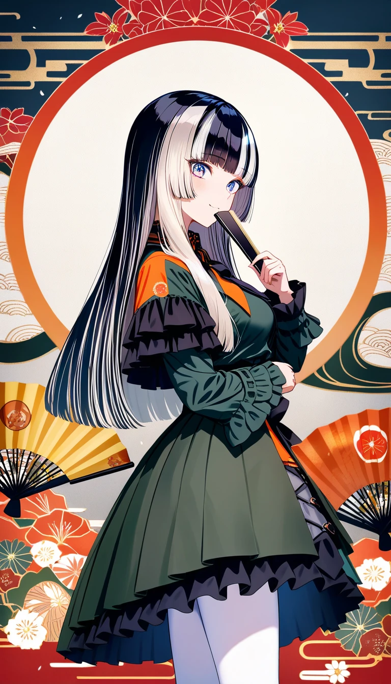 Anime girl with fan in front of hanafuda card background