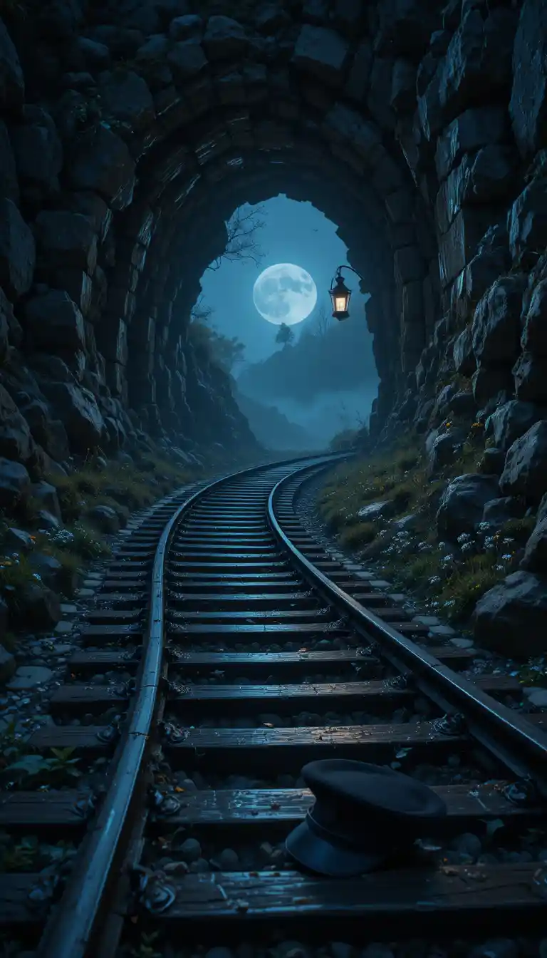 Solitaria curva ferroviaria sul pendio nella nebbia al chiaro di luna