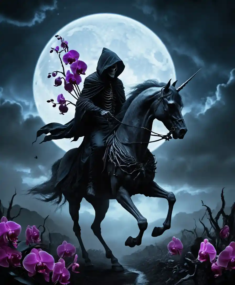 Unicornio esquelético galopando bajo una luna llena luminosa