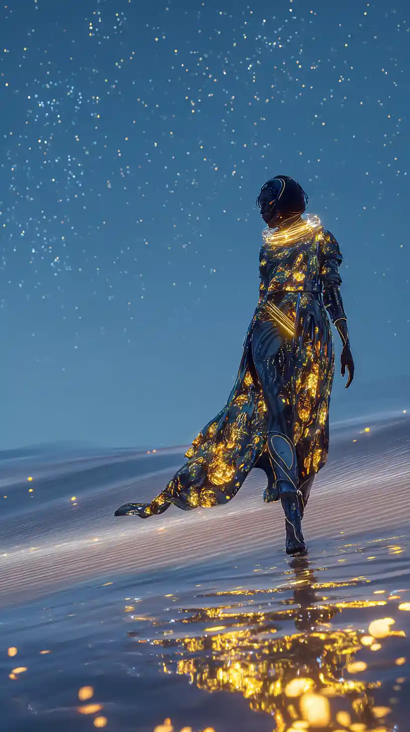 Emperatriz afrofuturista caminando sobre dunas de vidrio negro luminosas