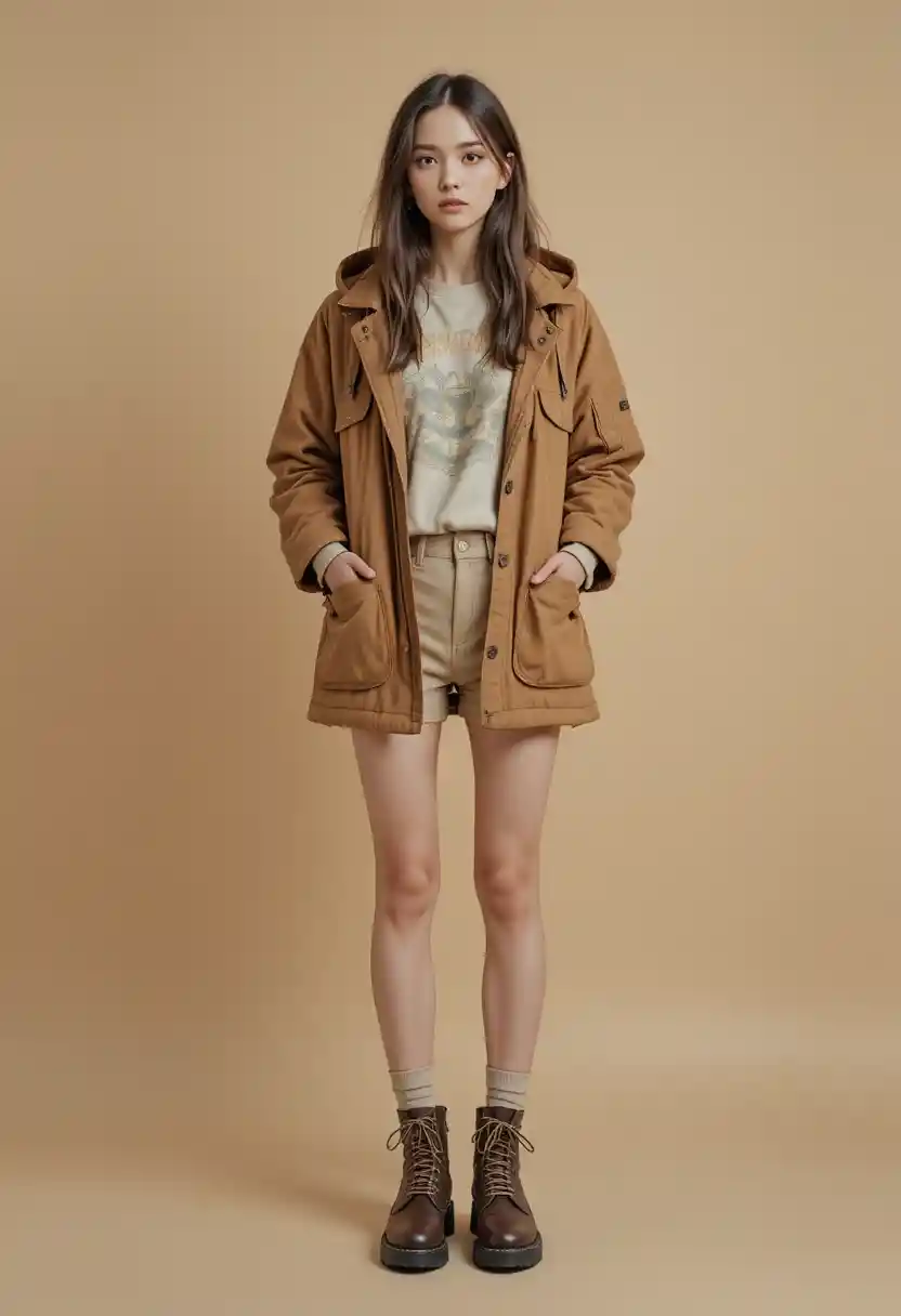 Giovane donna in outfit casual beige con anfibi
