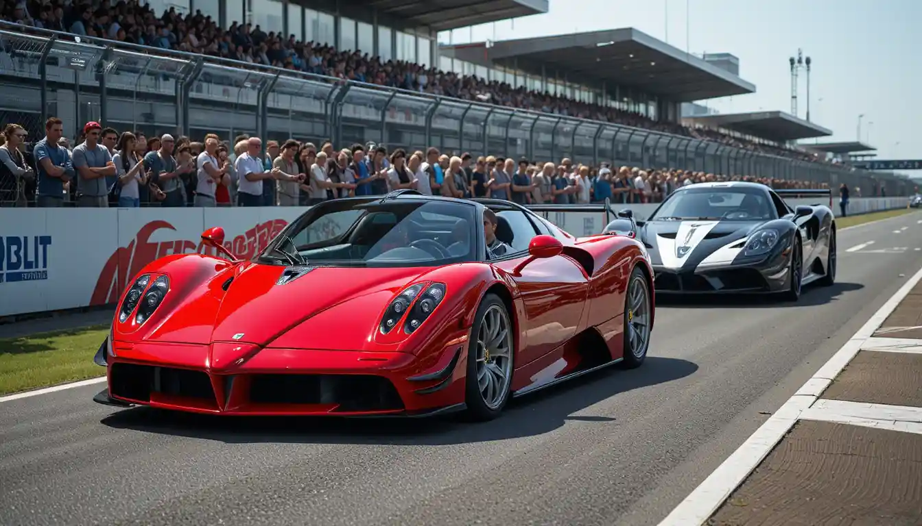 Roadster vermelho em pista de corrida com motorista à luz do dia