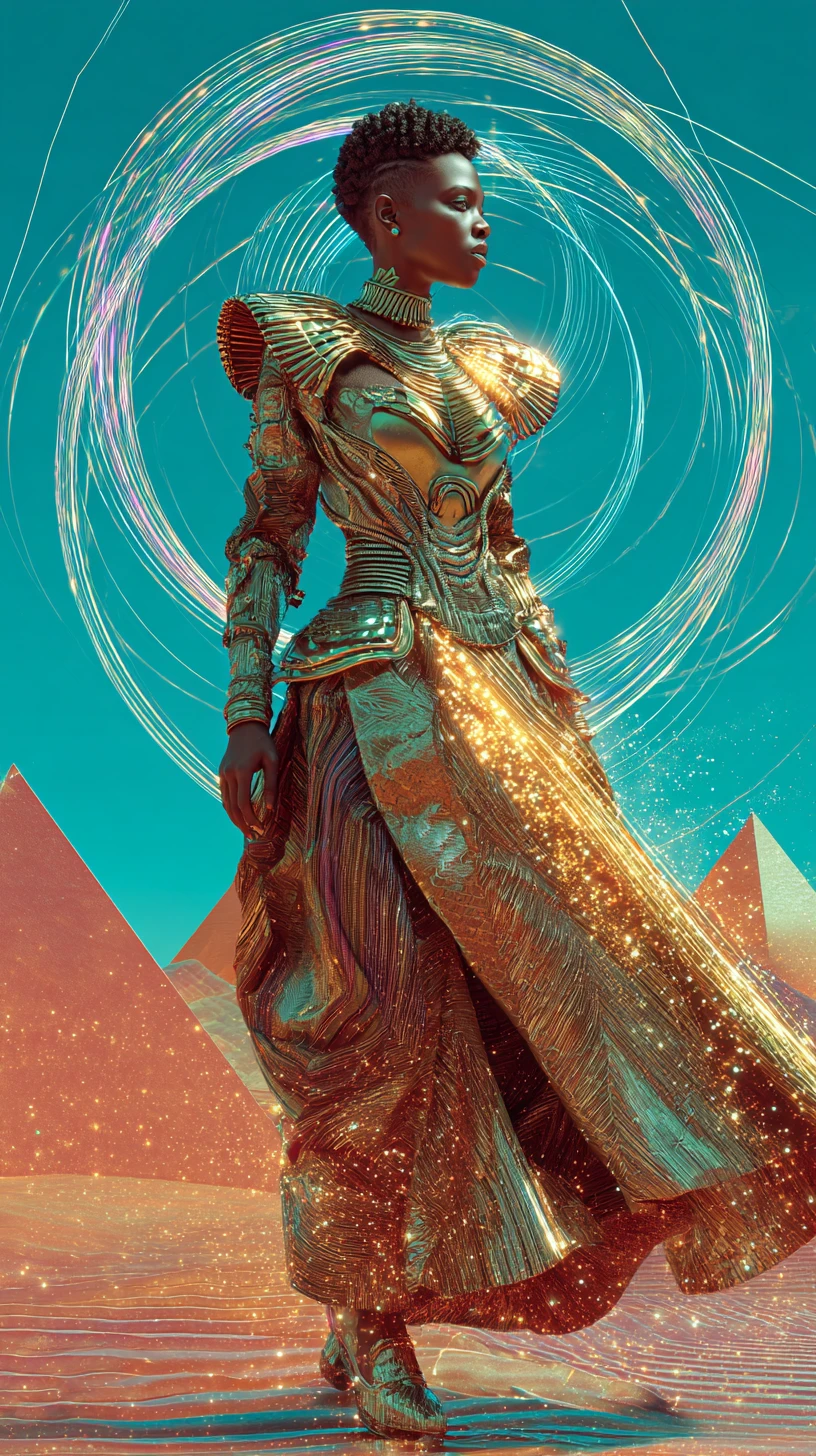 Afrofuturistic empress walking across black glass dunes