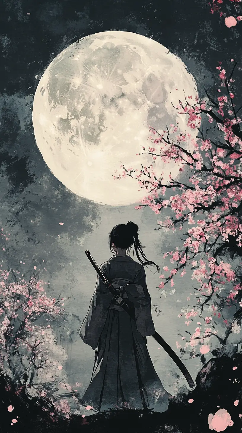 Fille samouraï sous les cerisiers en fleurs et la pleine lune