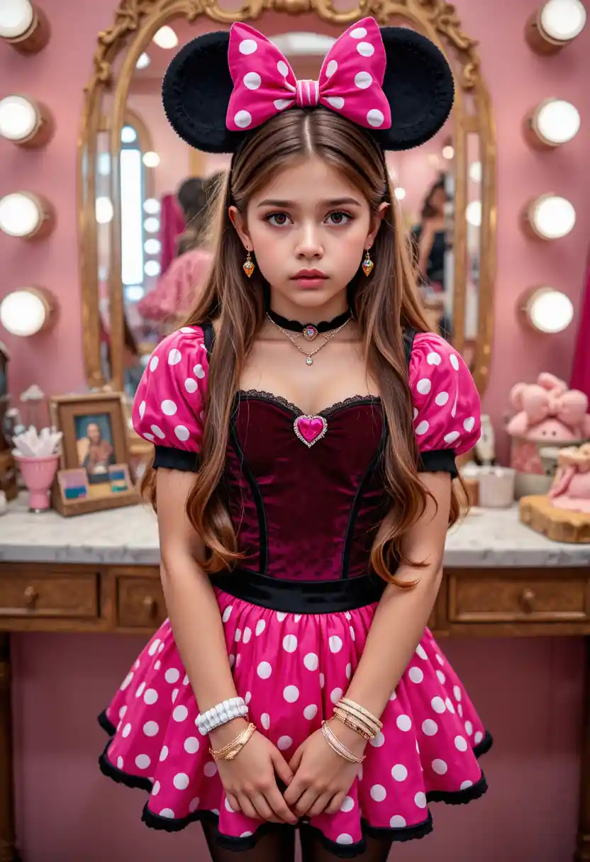 Anxious tween boy in Minnie Mouse costume at boutique vanity