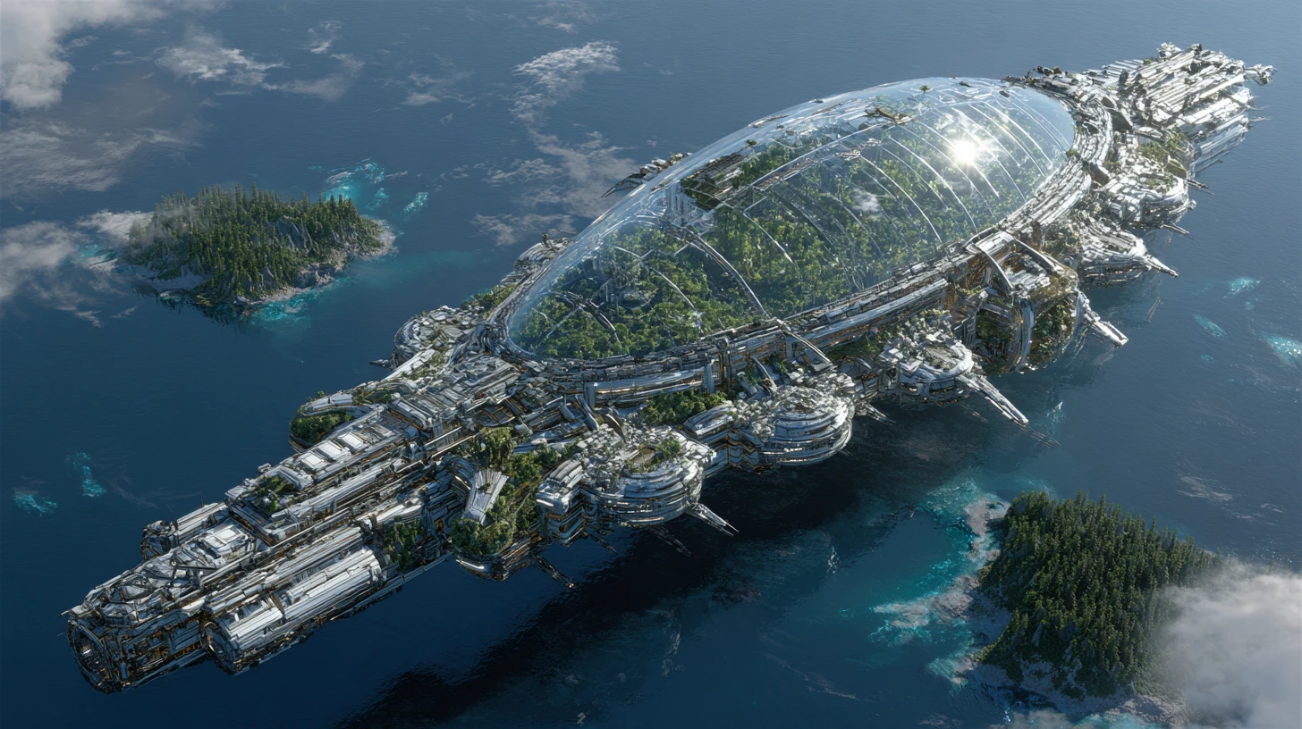 Colossal generation starship with domed Earth ecosystems from above