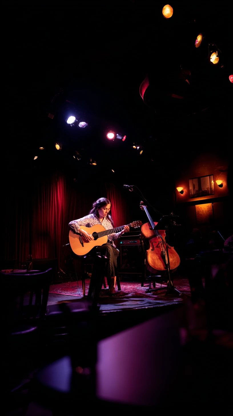 Músico solo no palco em um clube de jazz enfumaçado
