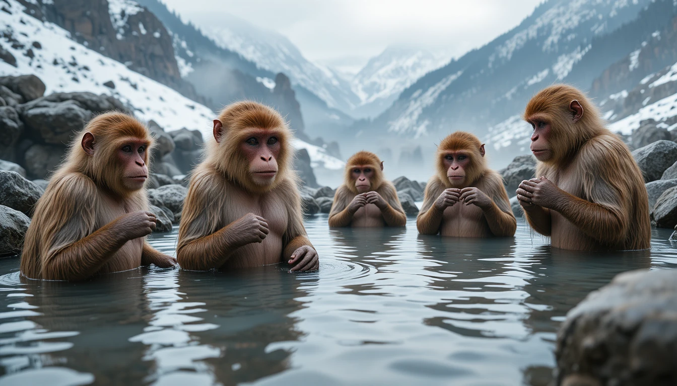 Japanmakaken, die sich in einer heißen Quelle im verschneiten Gebirge entspannen