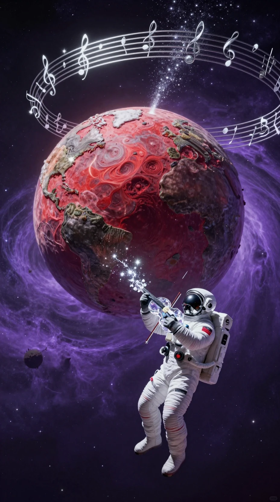 Astronaut spielt Geige vor einem karminroten Früchteplaneten